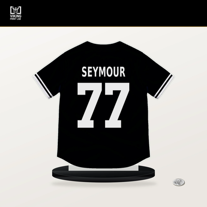 Carson Seymour number 77 San Francisco Giants jersey stand with included black base.