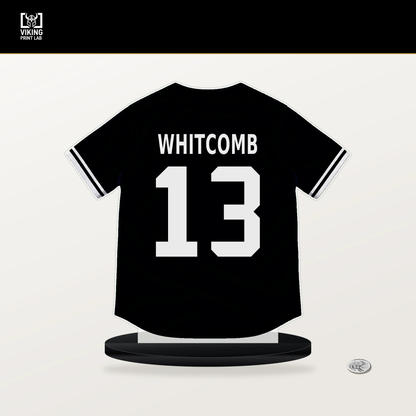 Shay Whitcomb number 13 San Francisco Giants jersey stand with included black base.