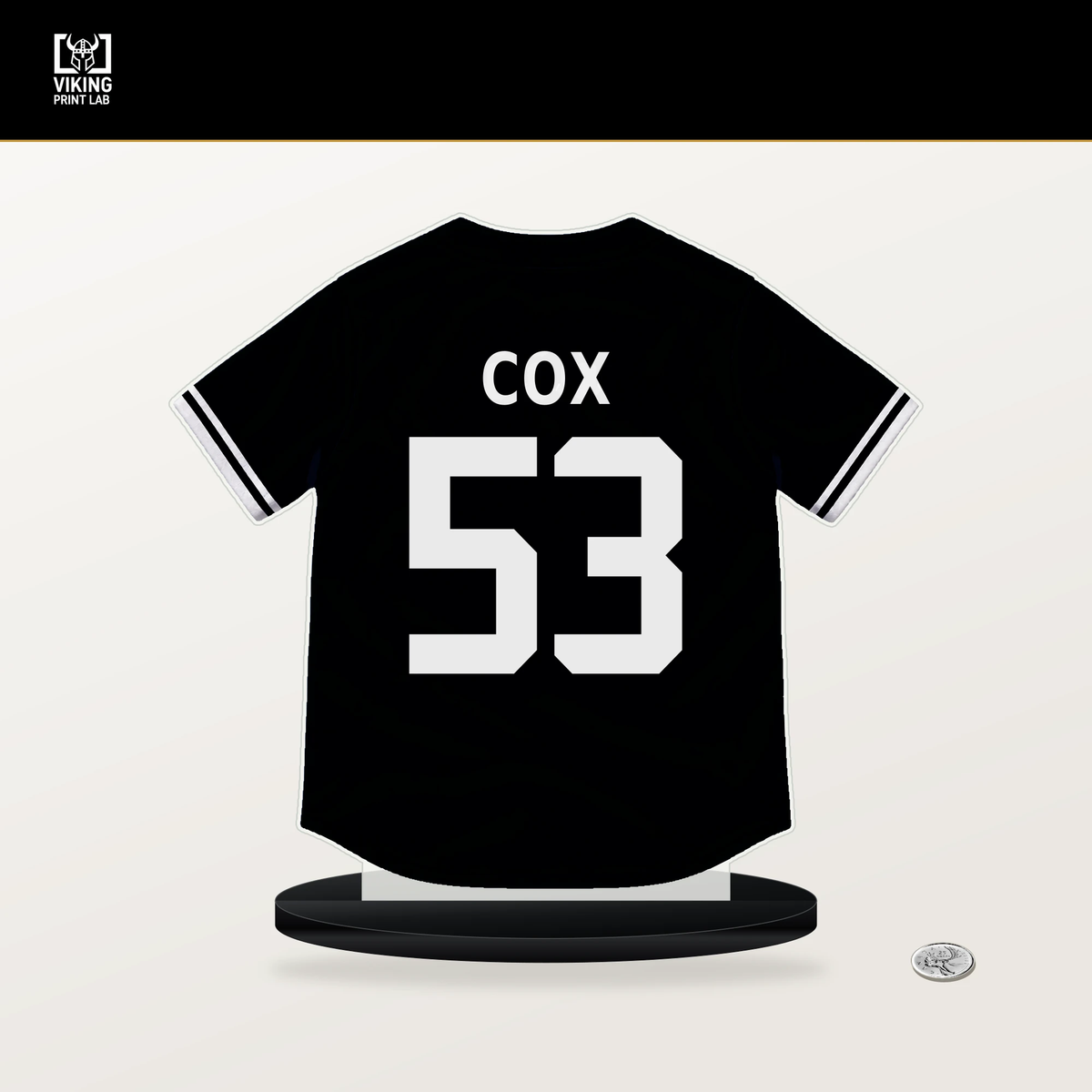 Jonah Cox number 53 San Francisco Giants jersey stand with included black base.