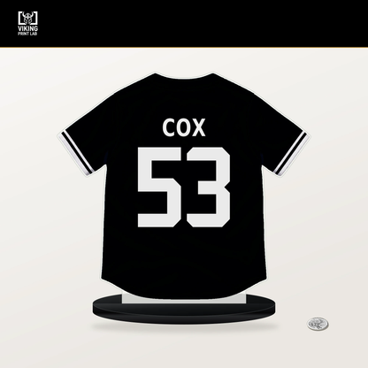 Jonah Cox number 53 San Francisco Giants jersey stand with included black base.