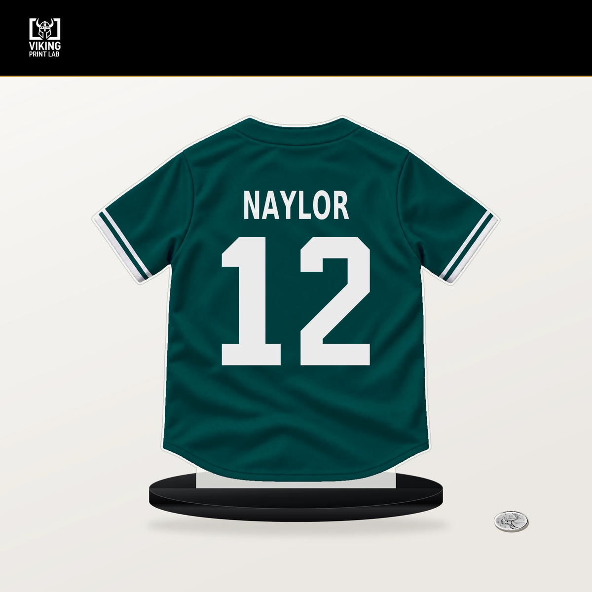 Josh Naylor number 12 Seattle Mariners jersey stand with included black base.