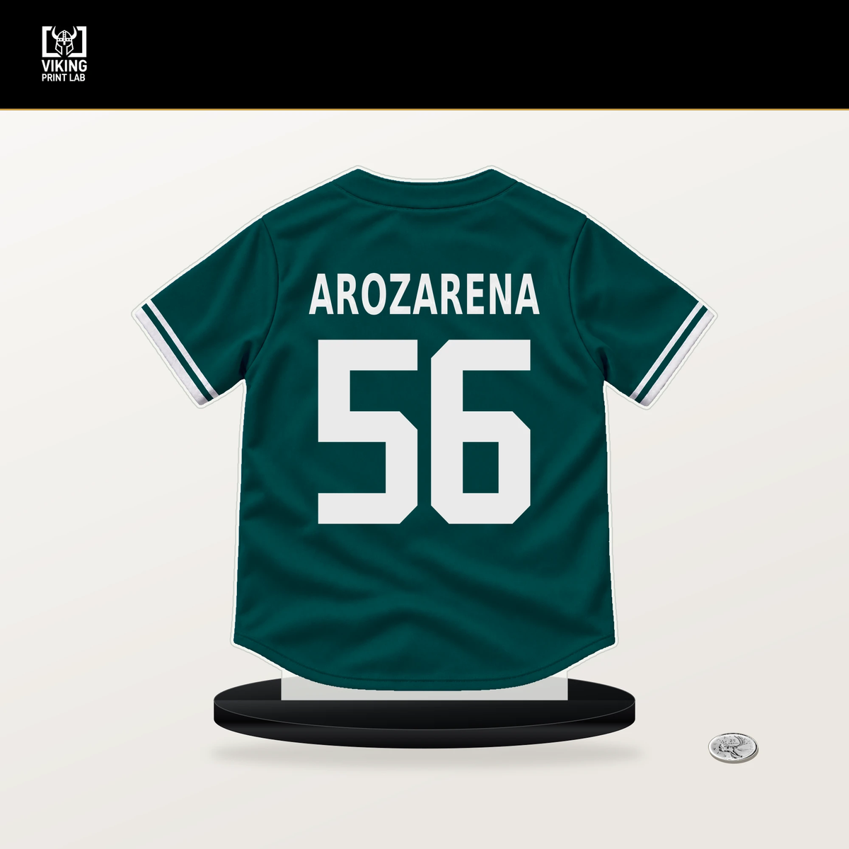 Randy Arozarena number 56 Seattle Mariners jersey stand with included black base.