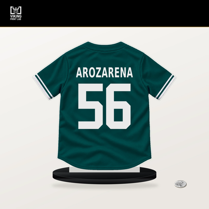 Randy Arozarena number 56 Seattle Mariners jersey stand with included black base.
