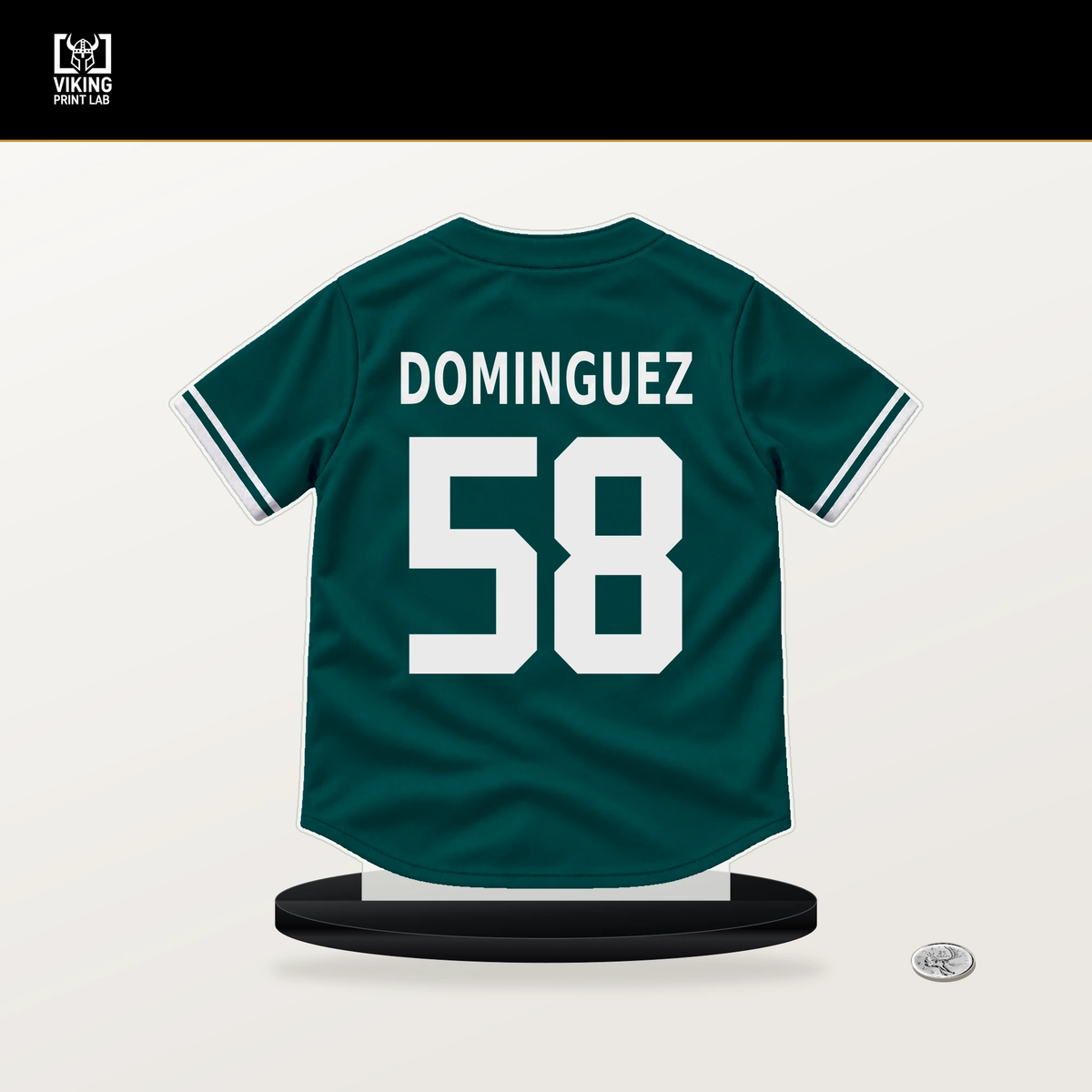 Seranthony Dominguez number 58 Seattle Mariners jersey stand with included black base.