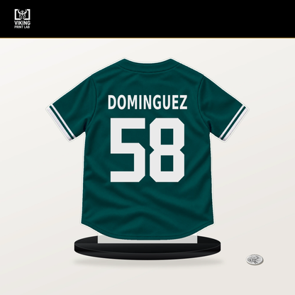 Seranthony Dominguez number 58 Seattle Mariners jersey stand with included black base.