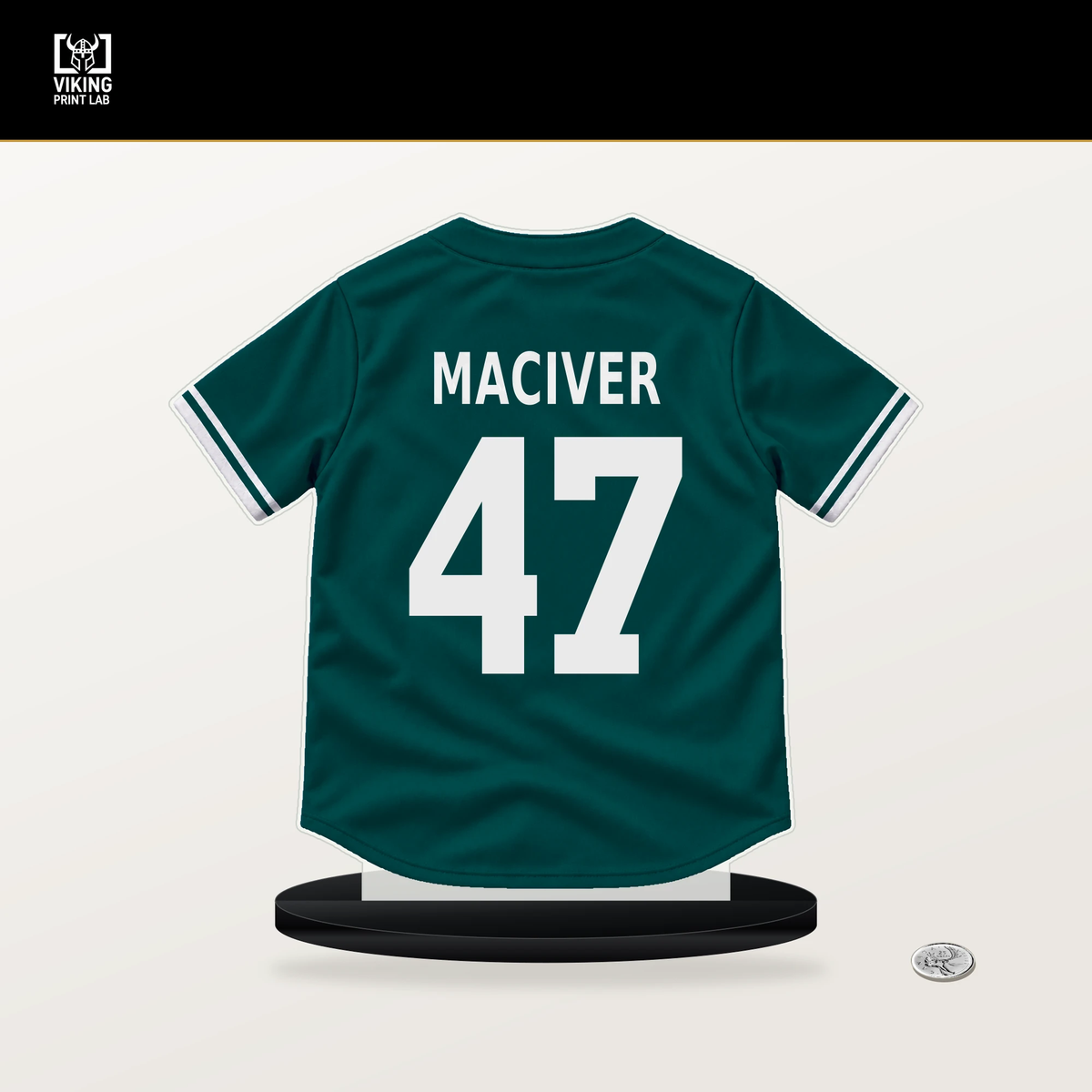 Willie MacIver number 47 Seattle Mariners jersey stand with included black base.