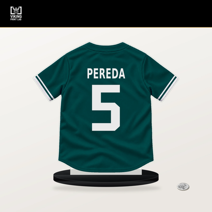 Jhonny Pereda number 5 Seattle Mariners jersey stand with included black base.