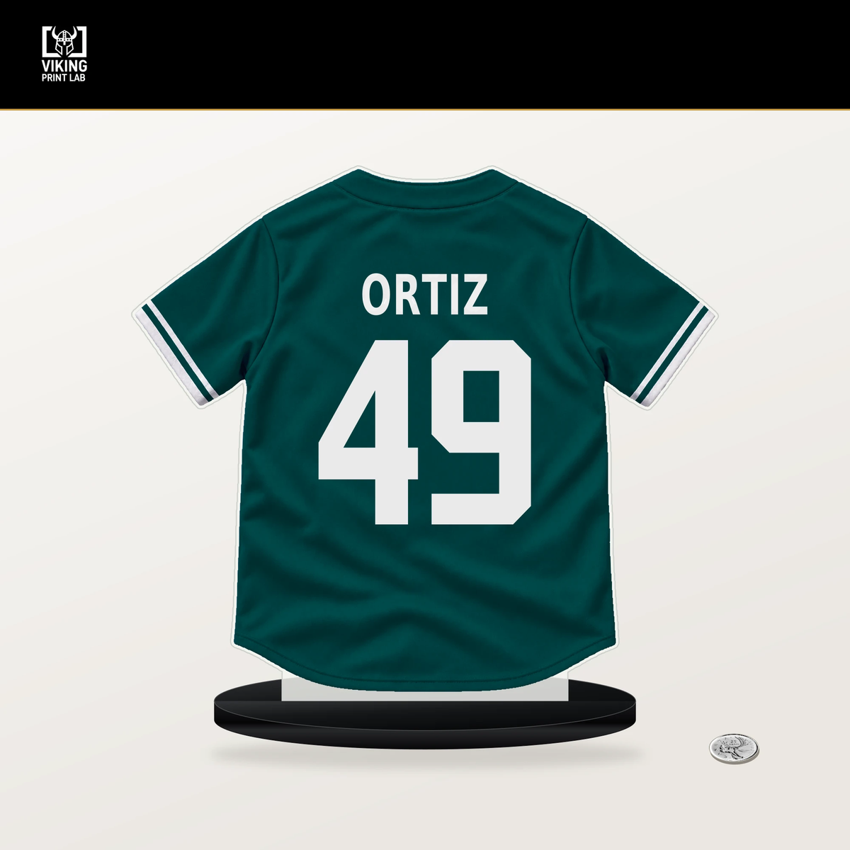 Robinson Ortiz number 49 Seattle Mariners jersey stand with included black base.