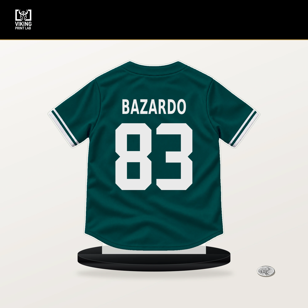 Eduard Bazardo number 83 Seattle Mariners jersey stand with included black base.
