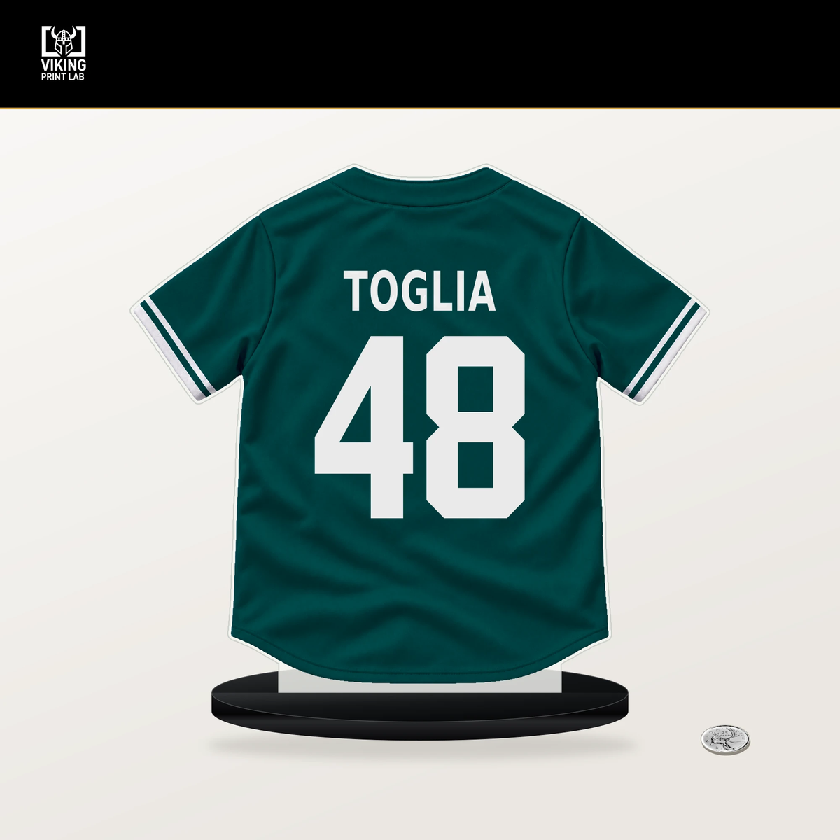 Michael Toglia number 48 Seattle Mariners jersey stand with included black base.