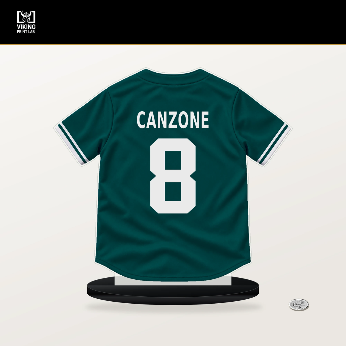 Dominic Canzone number 8 Seattle Mariners jersey stand with included black base.