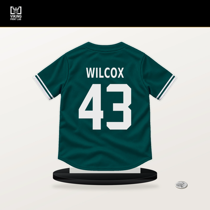 Cole Wilcox number 43 Seattle Mariners jersey stand with included black base.