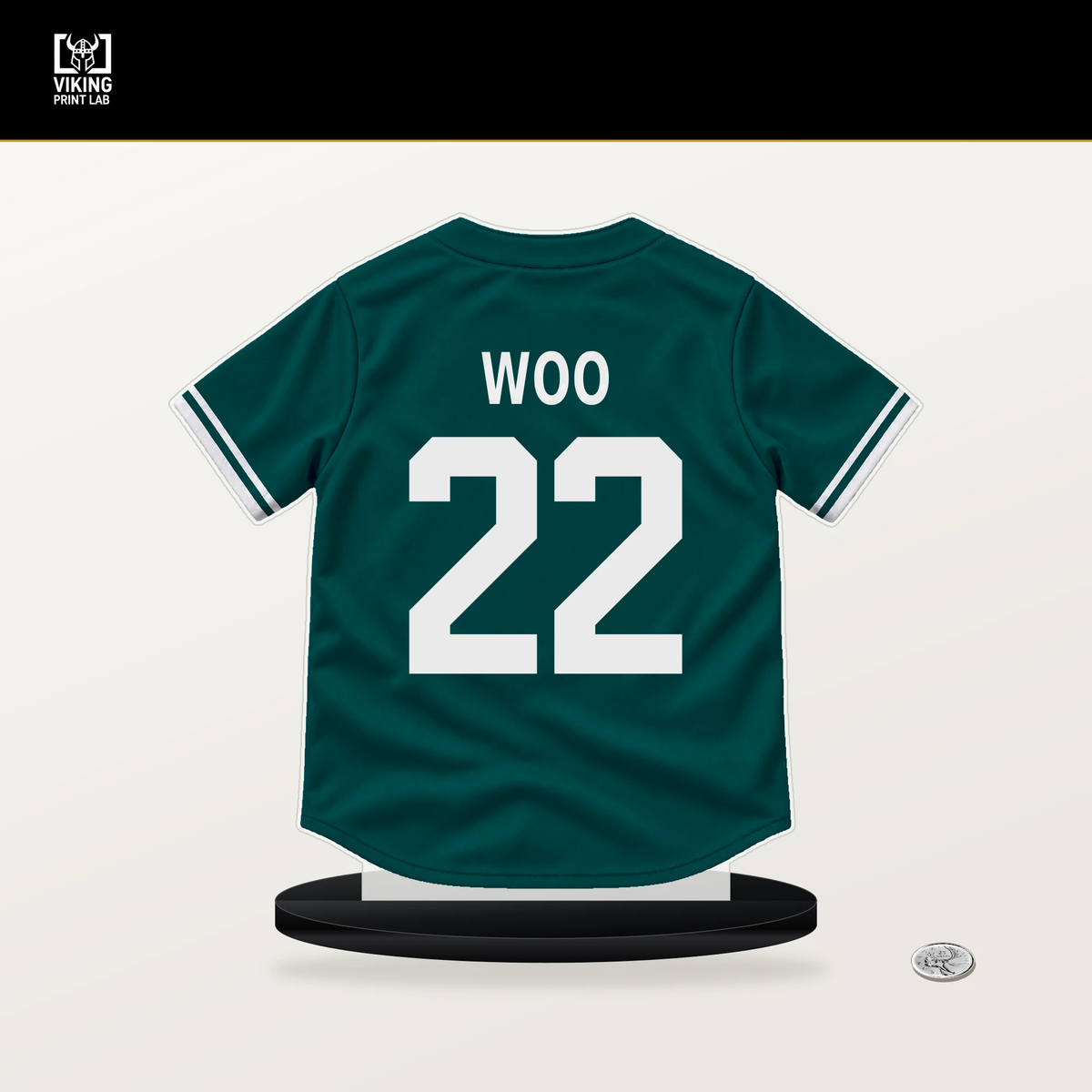 Bryan Woo number 22 Seattle Mariners jersey stand with included black base.