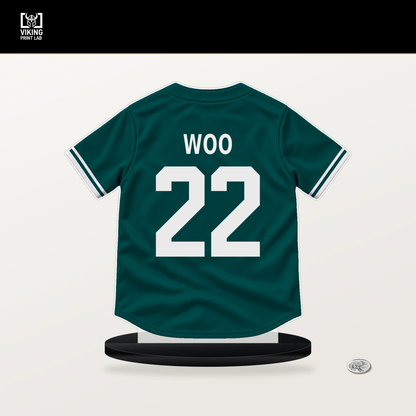 Bryan Woo number 22 Seattle Mariners jersey stand with included black base.