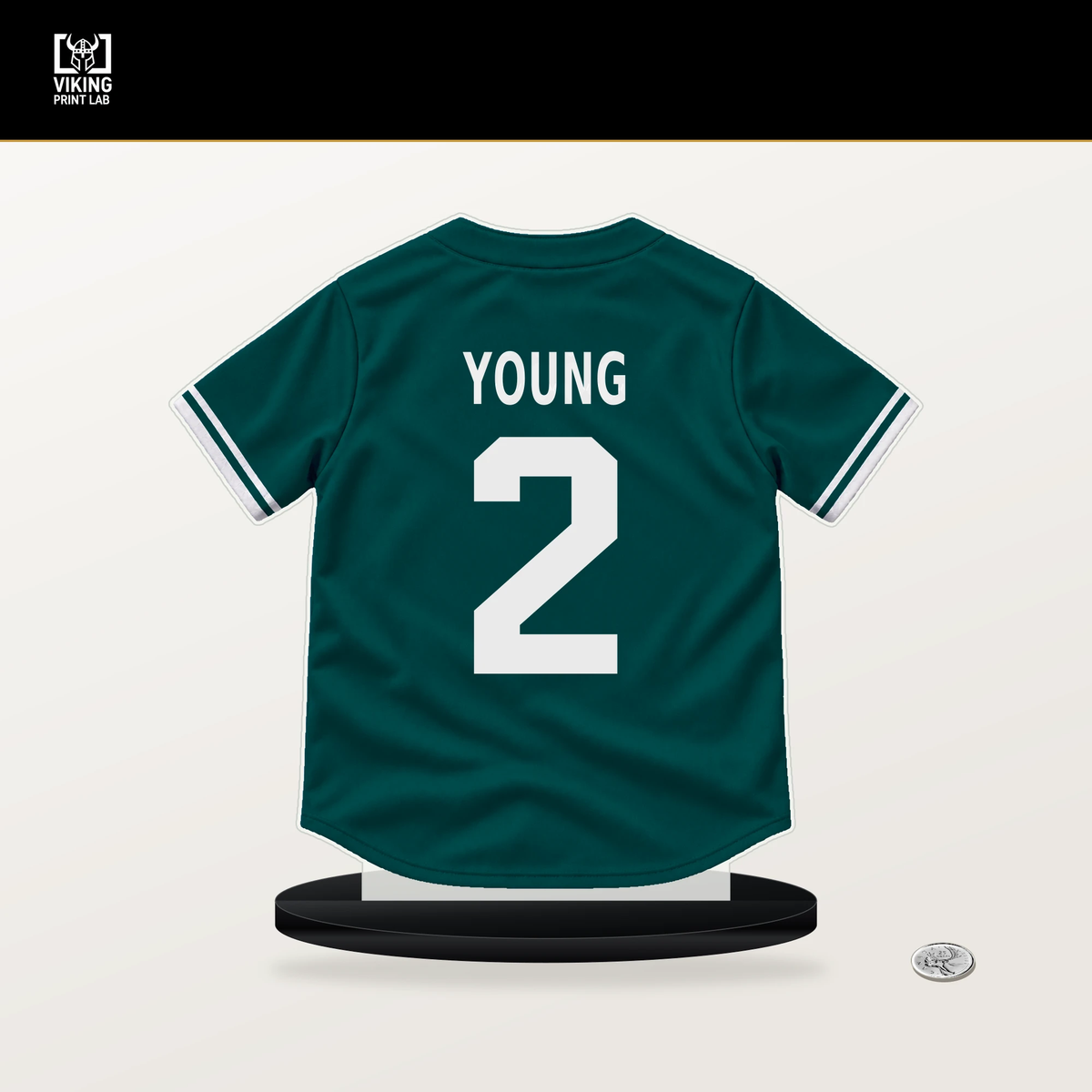 Cole Young number 2 Seattle Mariners jersey stand with included black base.