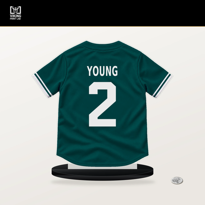 Cole Young number 2 Seattle Mariners jersey stand with included black base.