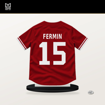 Jose Fermin number 15 St. Louis Cardinals jersey stand with included black base.