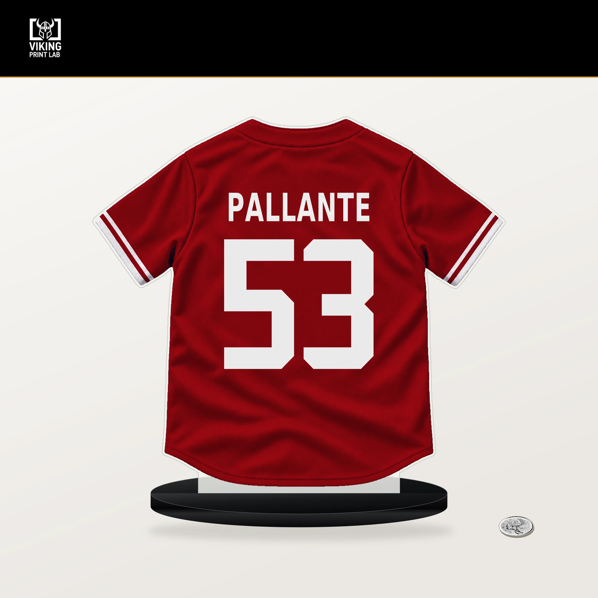 Andre Pallante number 53 St. Louis Cardinals jersey stand with included black base.
