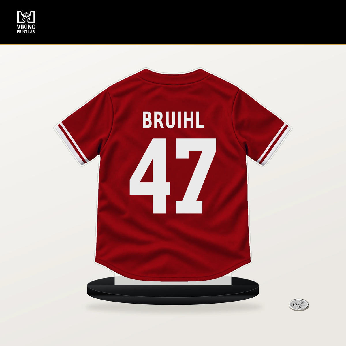 Justin Bruihl number 47 St. Louis Cardinals jersey stand with included black base.