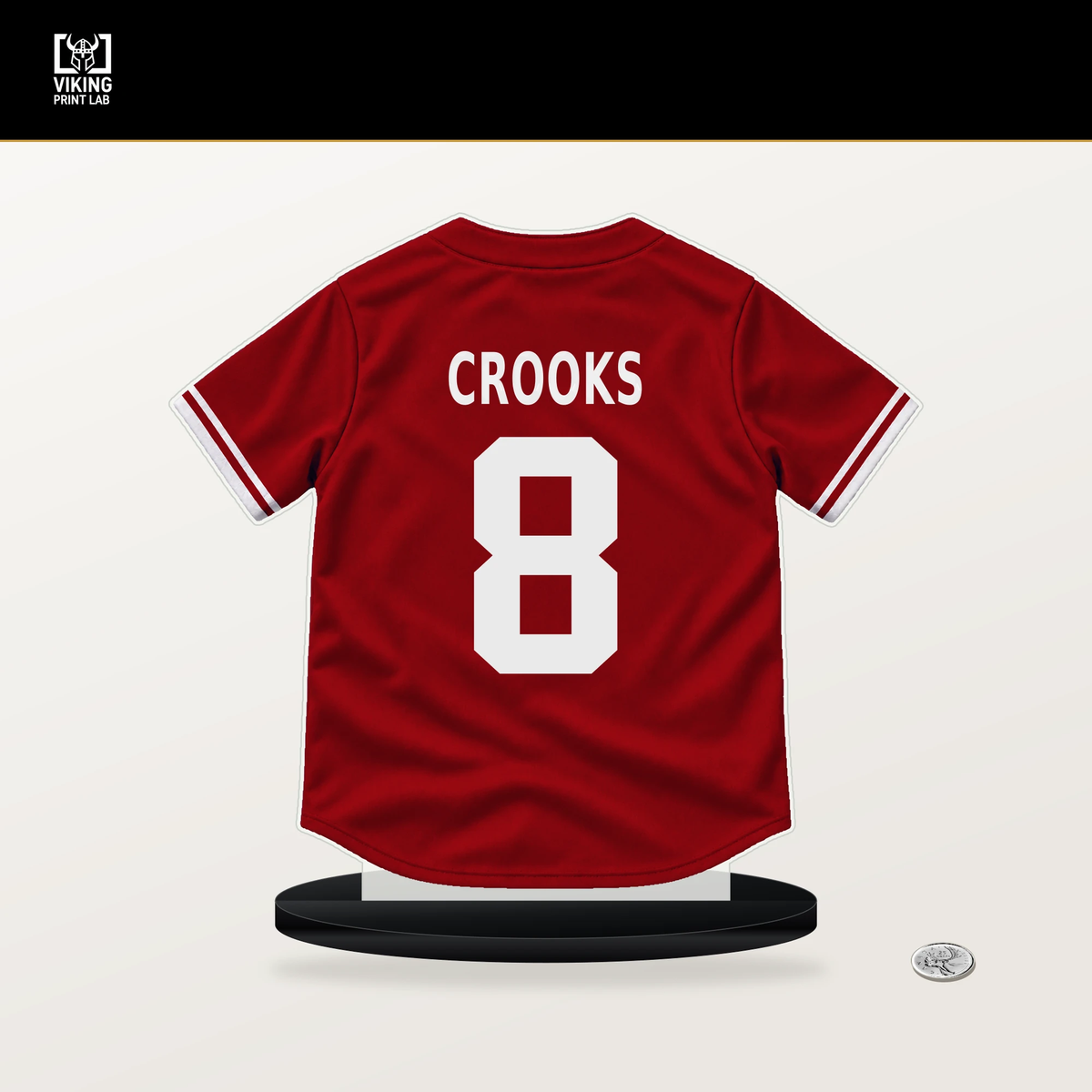 Jimmy Crooks number 8 St. Louis Cardinals jersey stand with included black base.