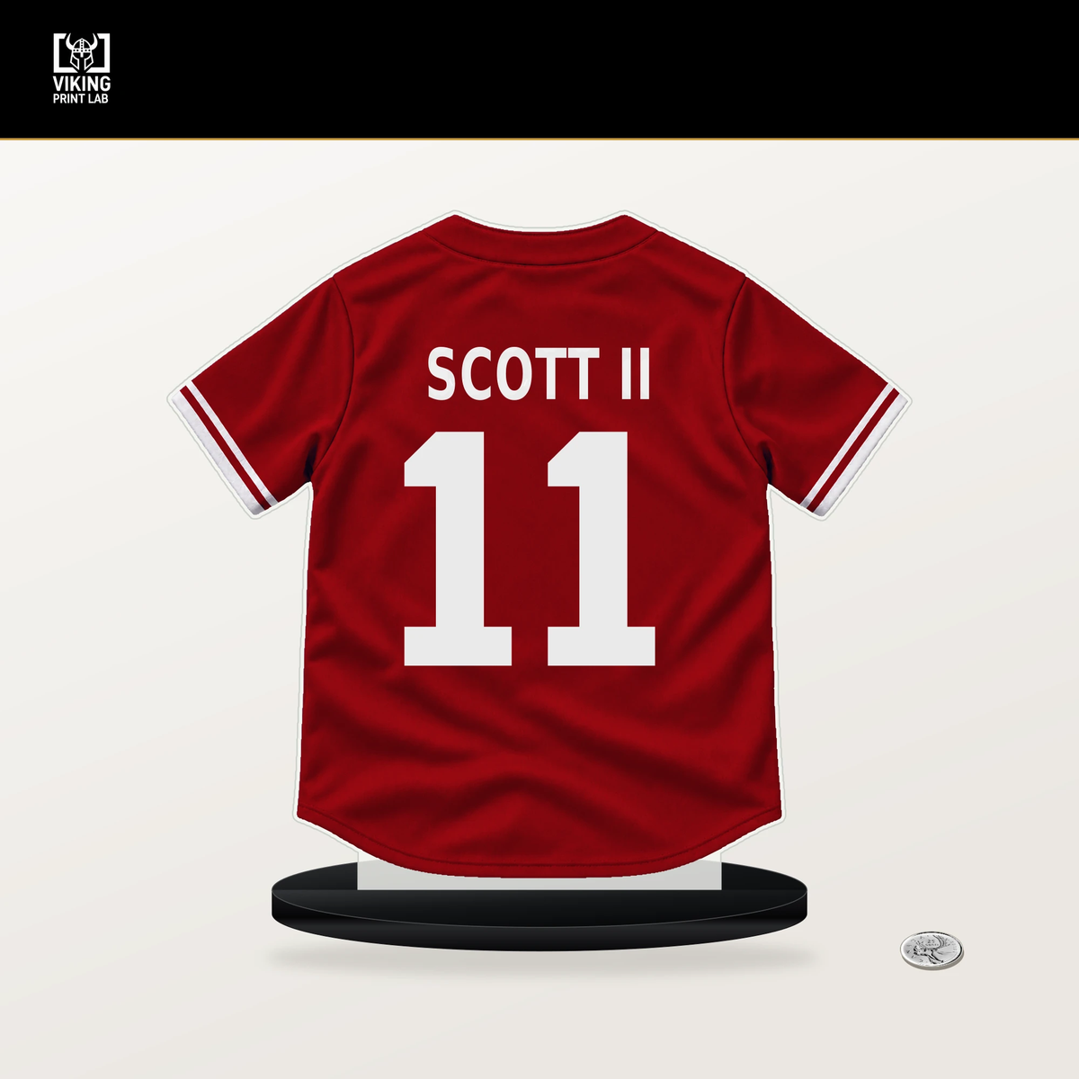 Victor Scott II number 11 St. Louis Cardinals jersey stand with included black base.