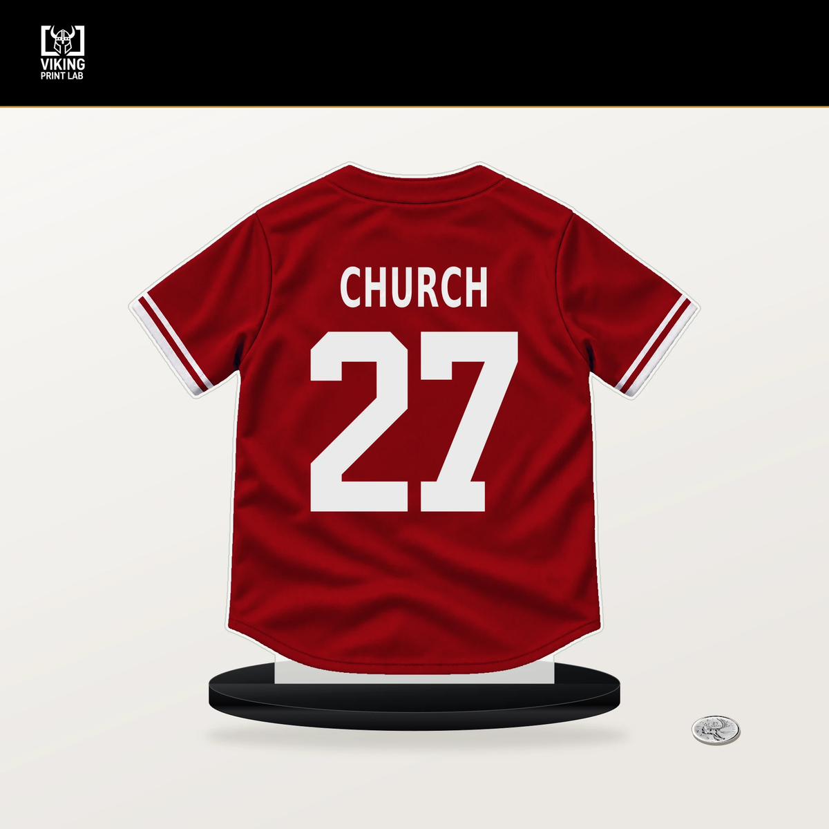 Nathan Church number 27 St. Louis Cardinals jersey stand with included black base.