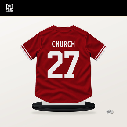 Nathan Church number 27 St. Louis Cardinals jersey stand with included black base.