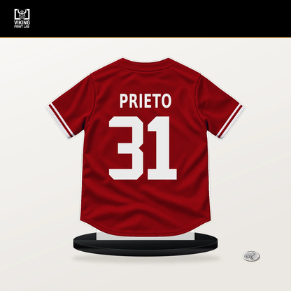 Cesar Prieto number 31 St. Louis Cardinals jersey stand with included black base.