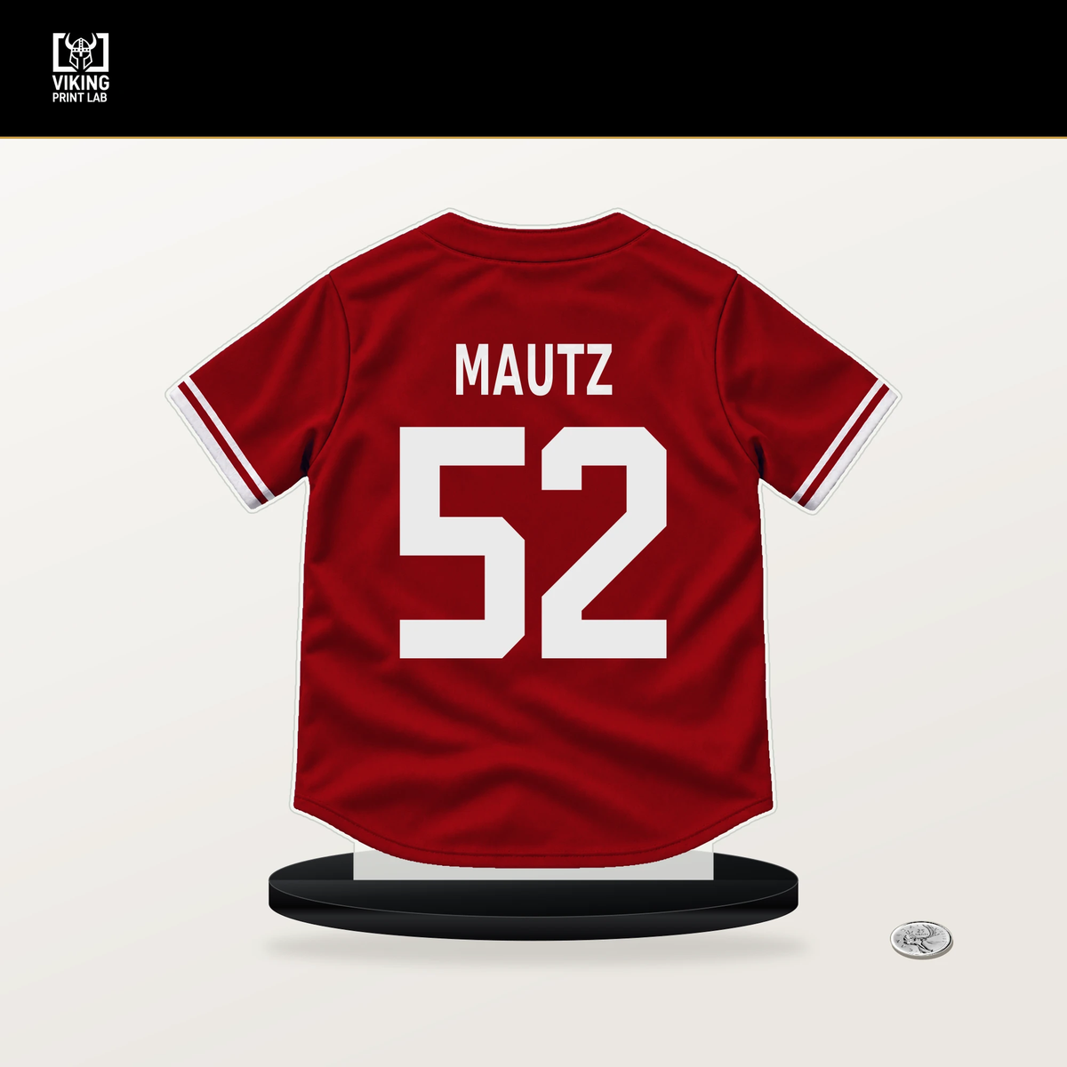 Brycen Mautz number 52 St. Louis Cardinals jersey stand with included black base.