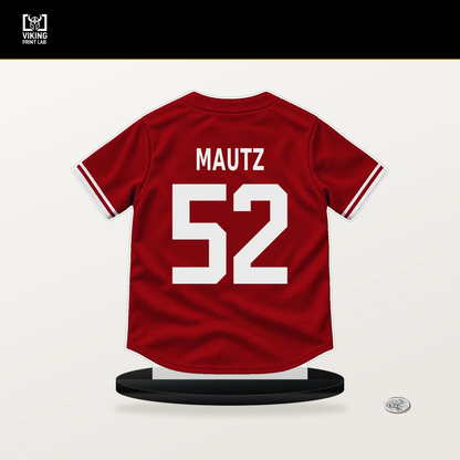 Brycen Mautz number 52 St. Louis Cardinals jersey stand with included black base.