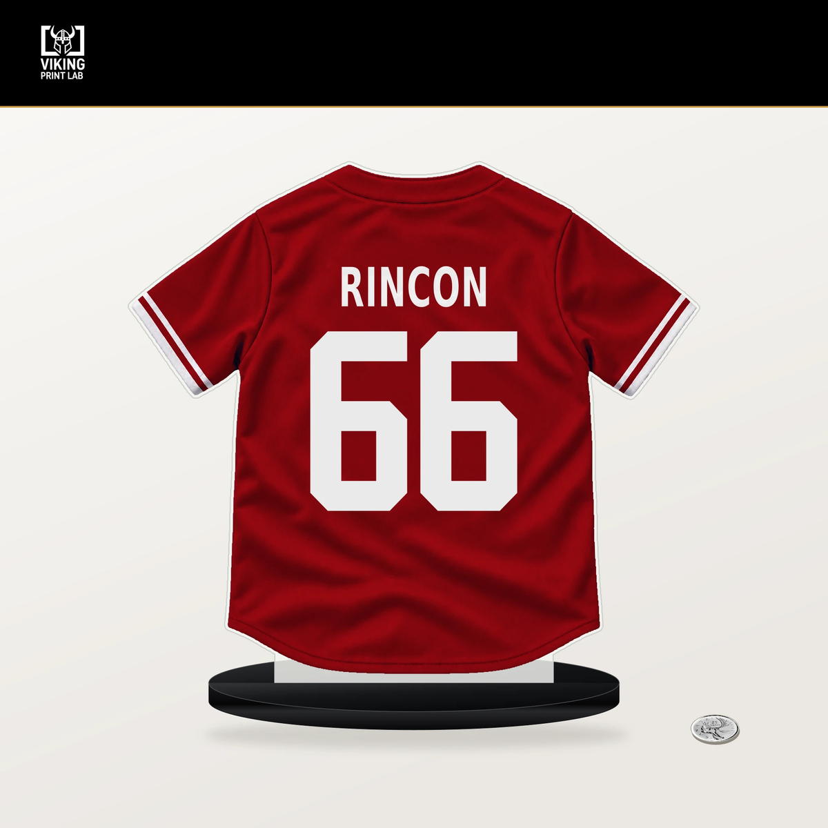 Hancel Rincon number 66 St. Louis Cardinals jersey stand with included black base.