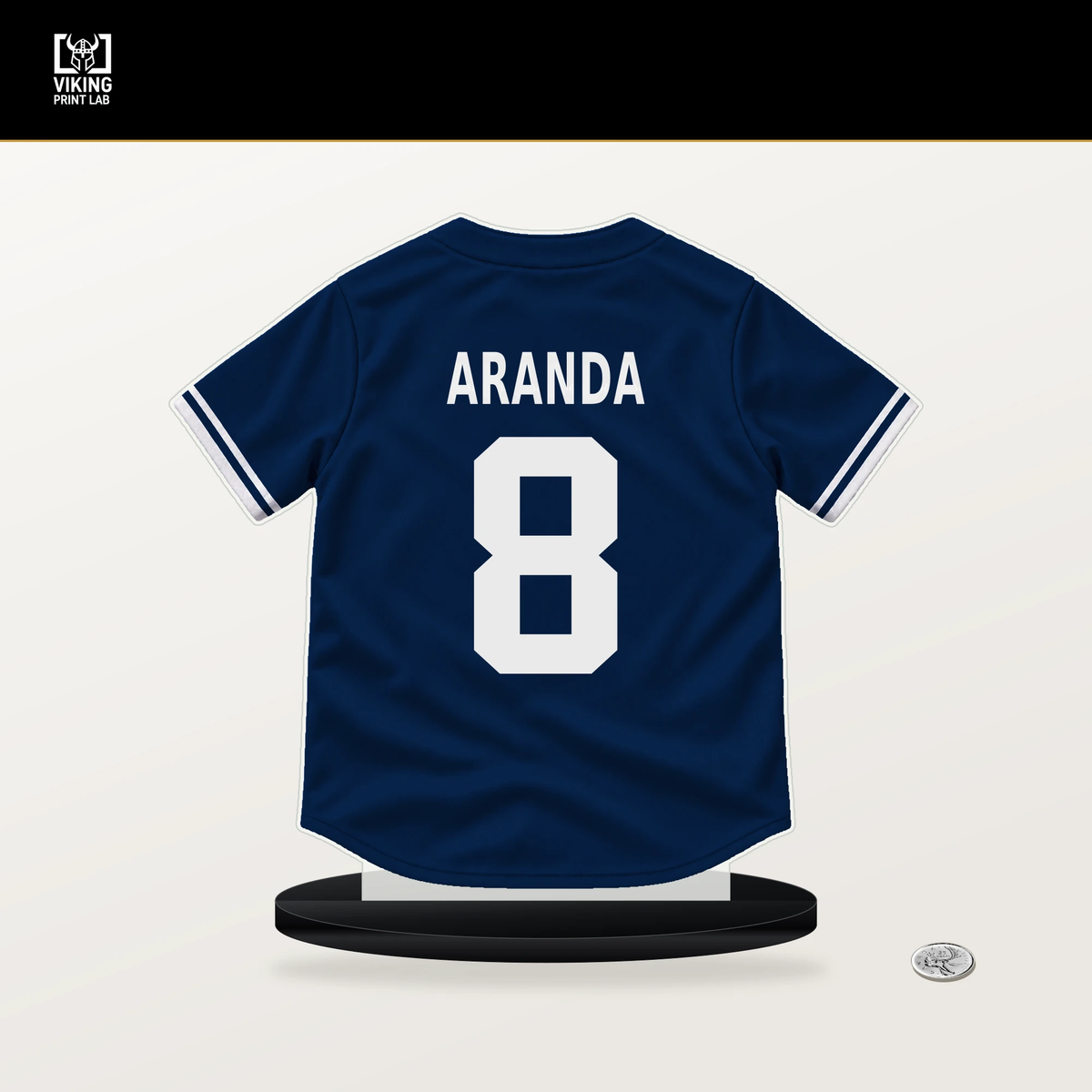Jonathan Aranda number 8 Tampa Bay Rays jersey stand with included black base.