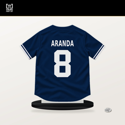 Jonathan Aranda number 8 Tampa Bay Rays jersey stand with included black base.