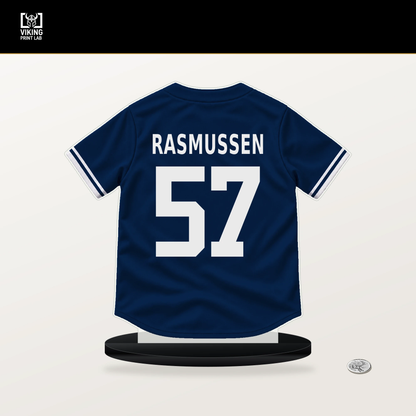 Drew Rasmussen number 57 Tampa Bay Rays jersey stand with included black base.
