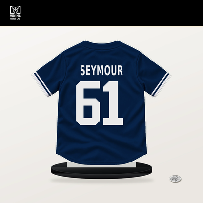 Ian Seymour number 61 Tampa Bay Rays jersey stand with included black base.