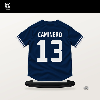 Junior Caminero number 13 Tampa Bay Rays jersey stand with included black base.