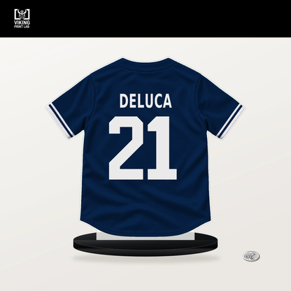 Jonny DeLuca number 21 Tampa Bay Rays jersey stand with included black base.