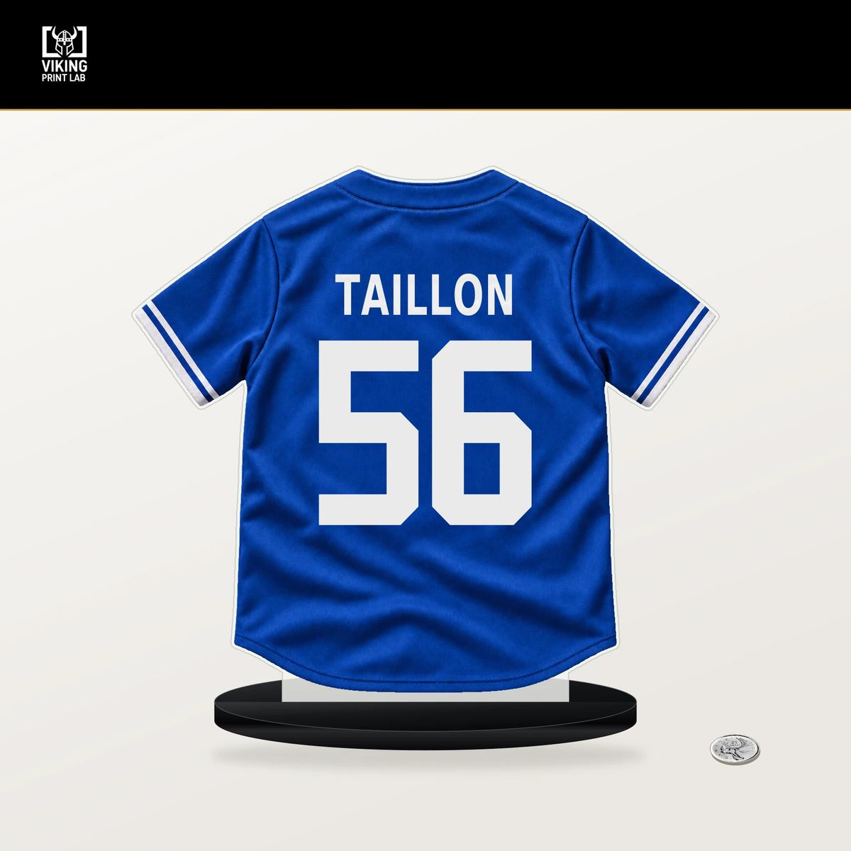 Jameson Taillon number 56 Toronto Blue Jays jersey stand with included black base.