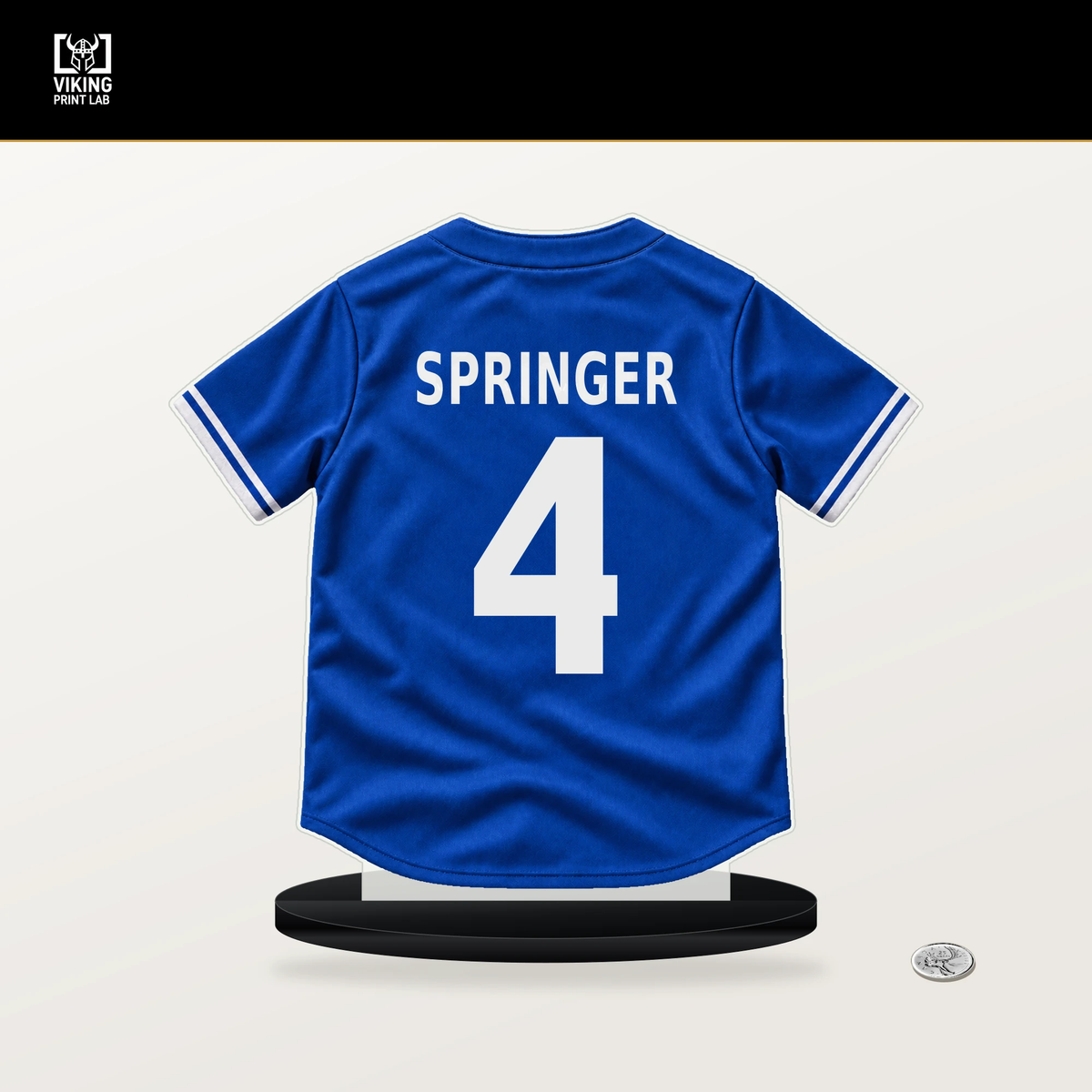 George Springer number 4 Toronto Blue Jays jersey stand with included black base.
