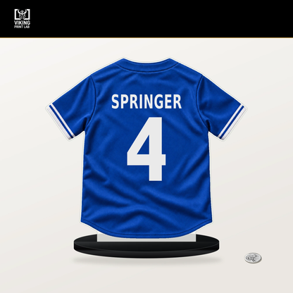 George Springer number 4 Toronto Blue Jays jersey stand with included black base.