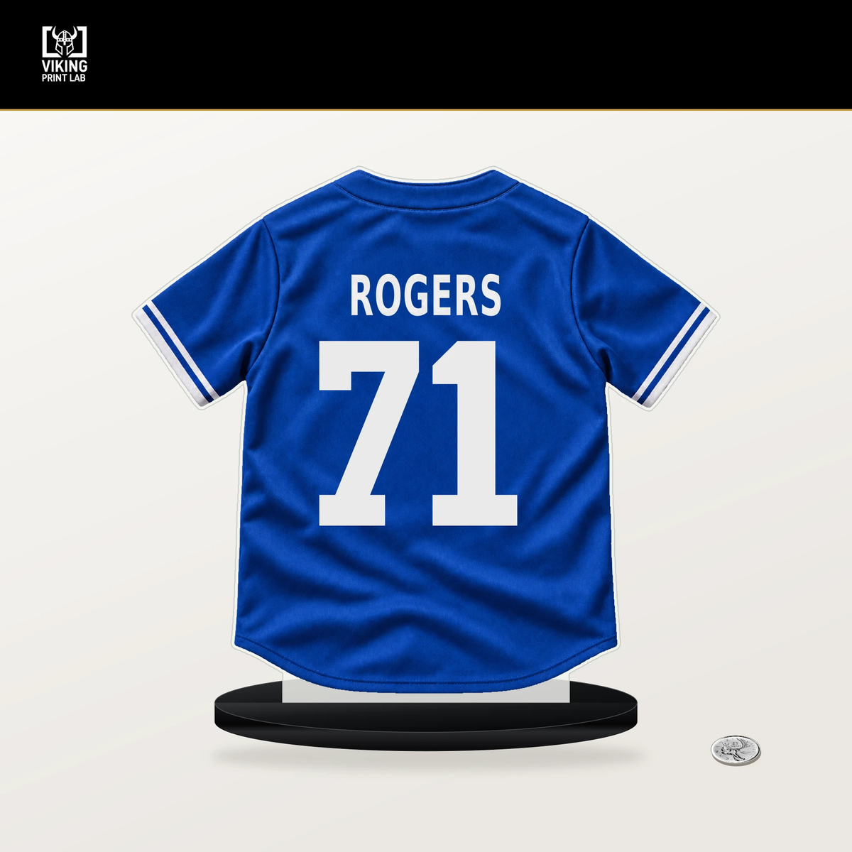 Tyler Rogers number 71 Toronto Blue Jays jersey stand with included black base.