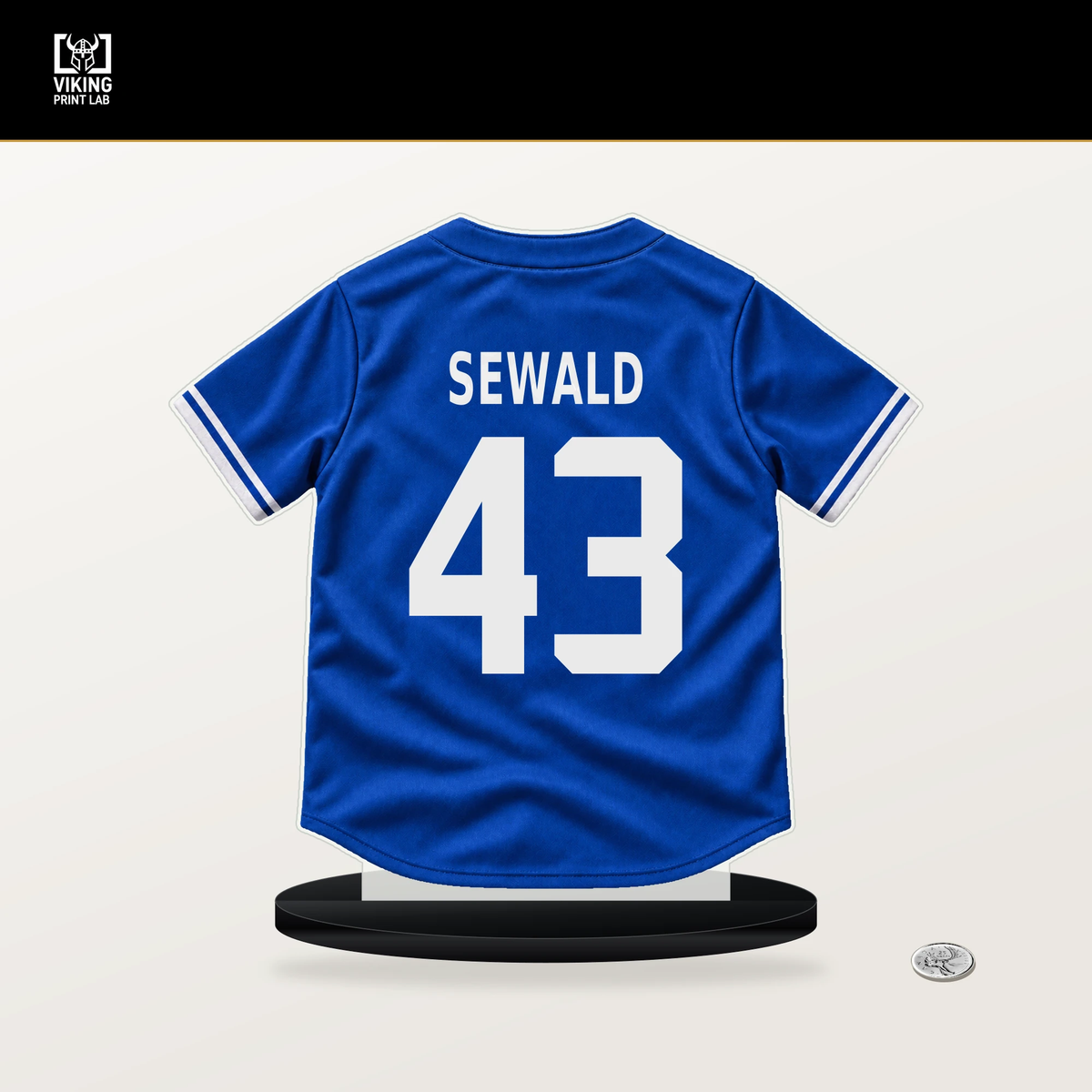 Paul Sewald number 43 Toronto Blue Jays jersey stand with included black base.
