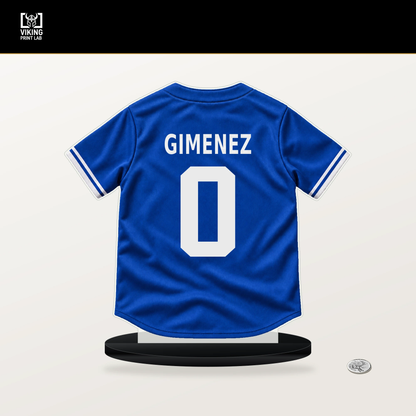 Andres Gimenez number 0 Toronto Blue Jays jersey stand with included black base.