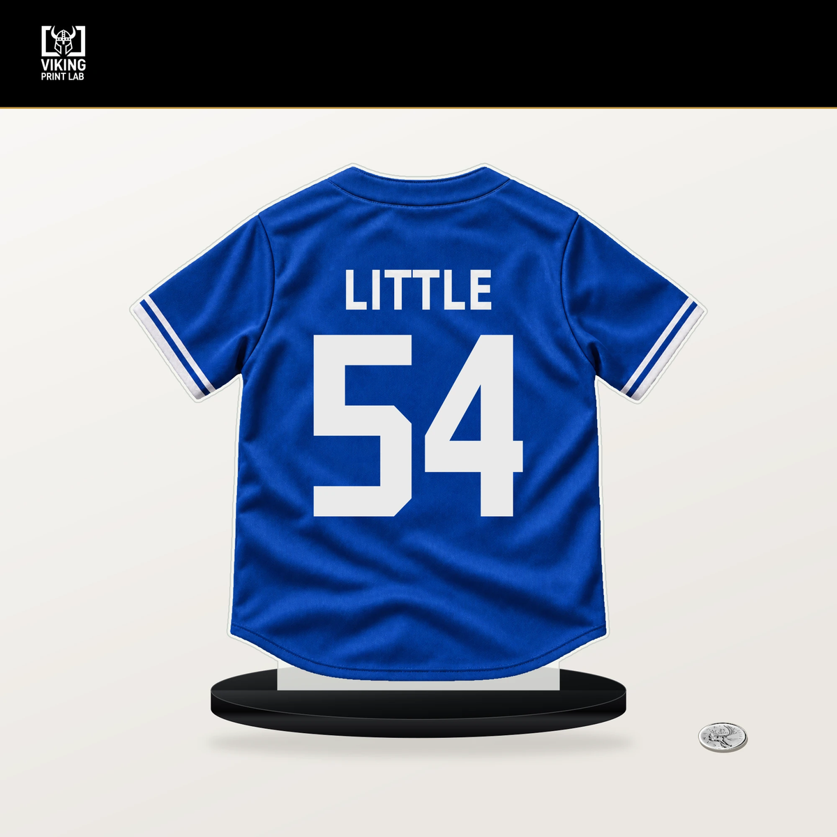 Brendon Little number 54 Toronto Blue Jays jersey stand with included black base.