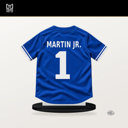 Rudy Martin Jr. number 1 Toronto Blue Jays jersey stand with included black base.