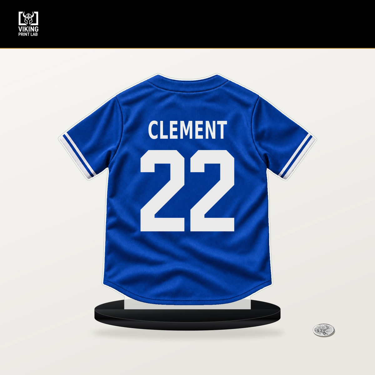 Ernie Clement number 22 Toronto Blue Jays jersey stand with included black base.