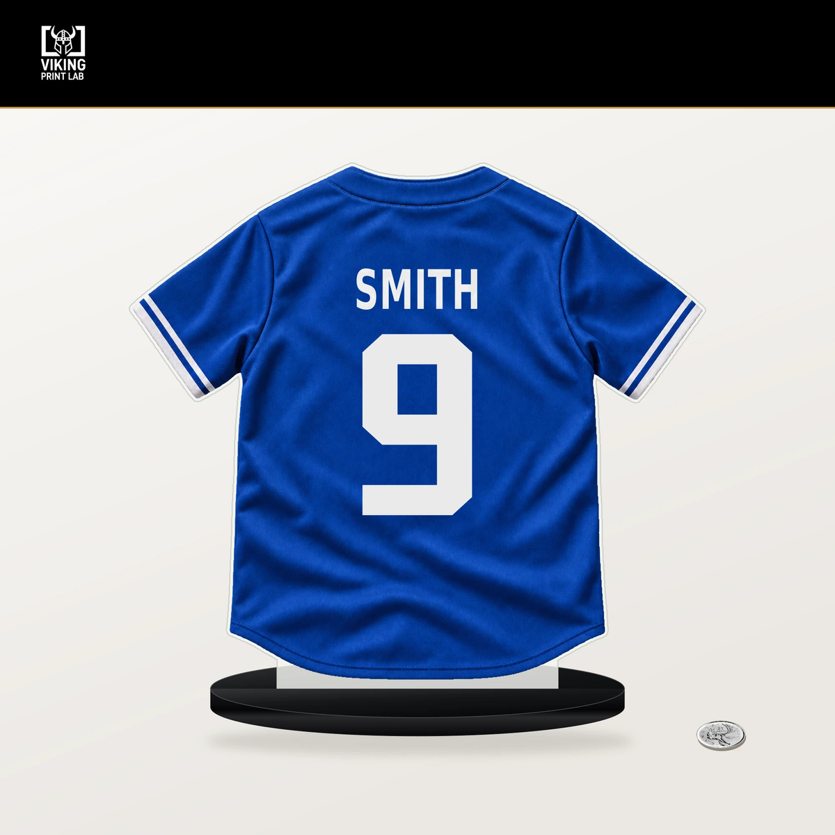 Josh Smith number 9 Toronto Blue Jays jersey stand with included black base.
