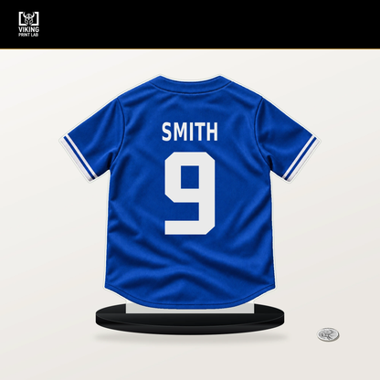 Josh Smith number 9 Toronto Blue Jays jersey stand with included black base.