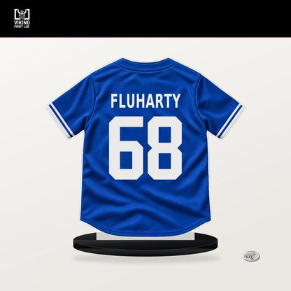 Mason Fluharty number 68 Toronto Blue Jays jersey stand with included black base.