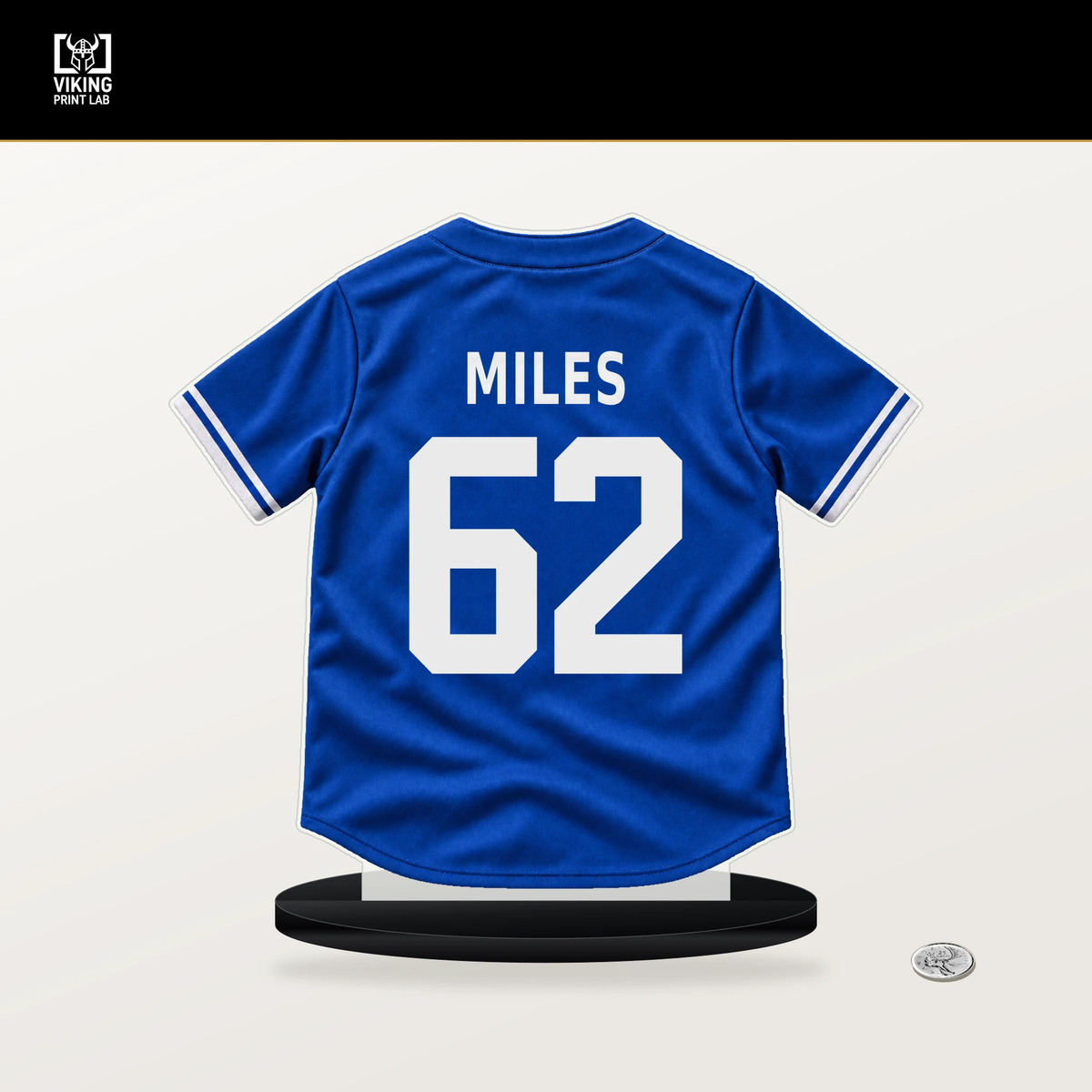 Spencer Miles number 62 Toronto Blue Jays jersey stand with included black base.